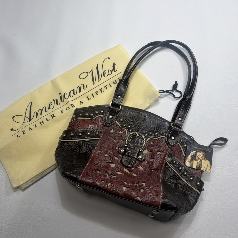 VTG AMERICAN WEST Western Shoulder Bag Leather Purse Studded Engraved Rare! New!